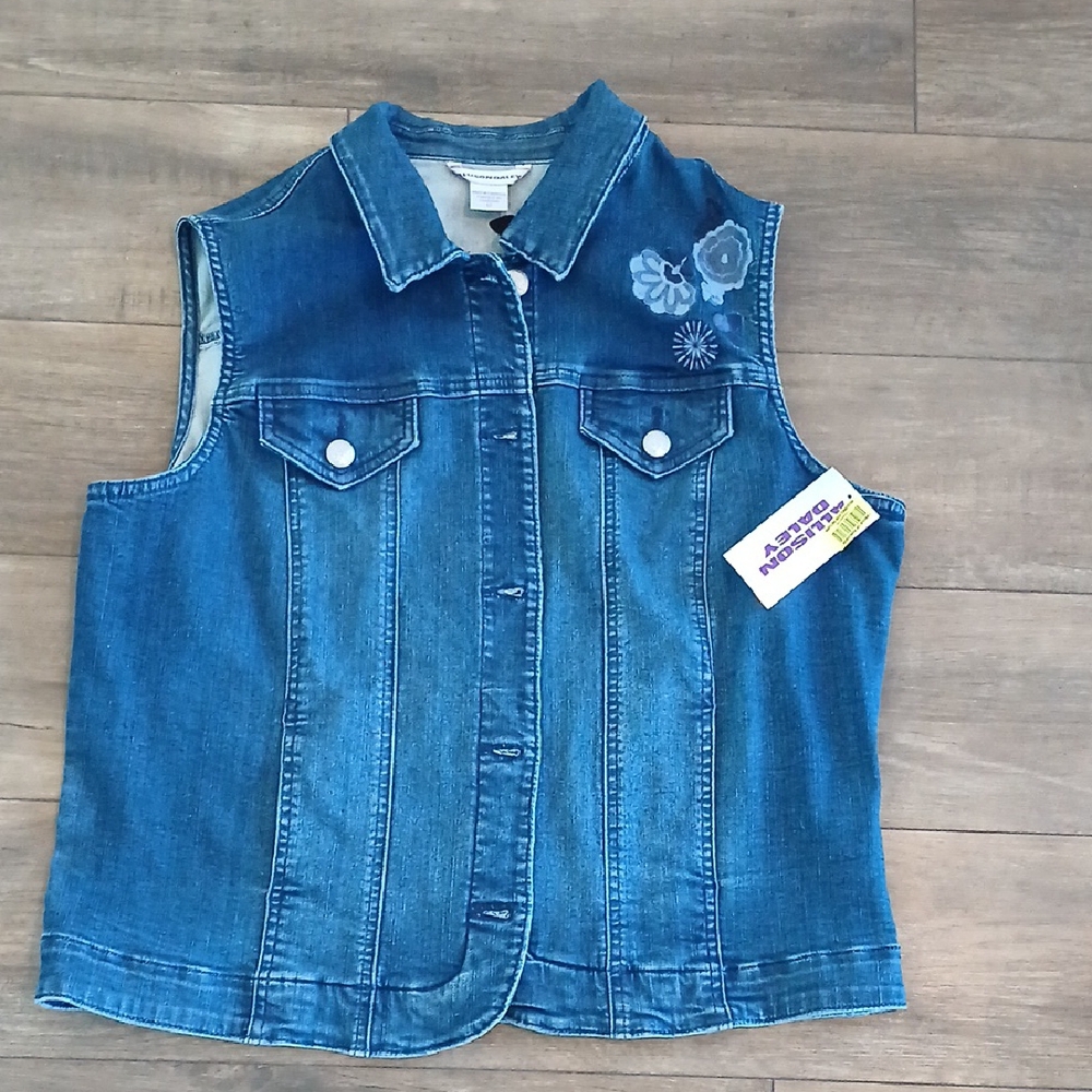 Womens Denim Vest with Floral Embroidery